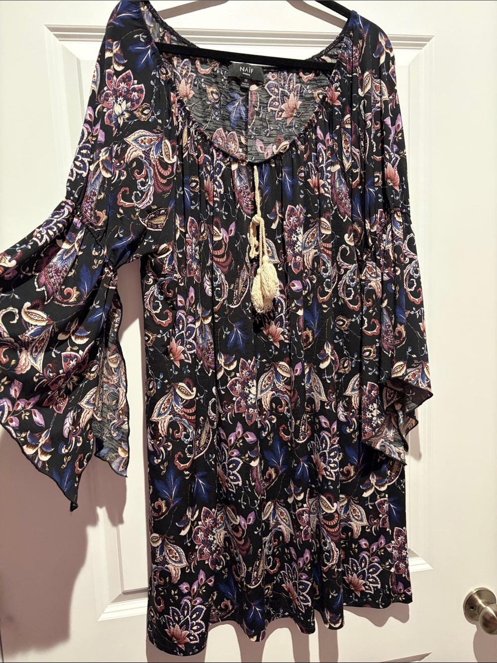 NAIF Black Floral Paisley Midi Dress with Pink and Blue Accents